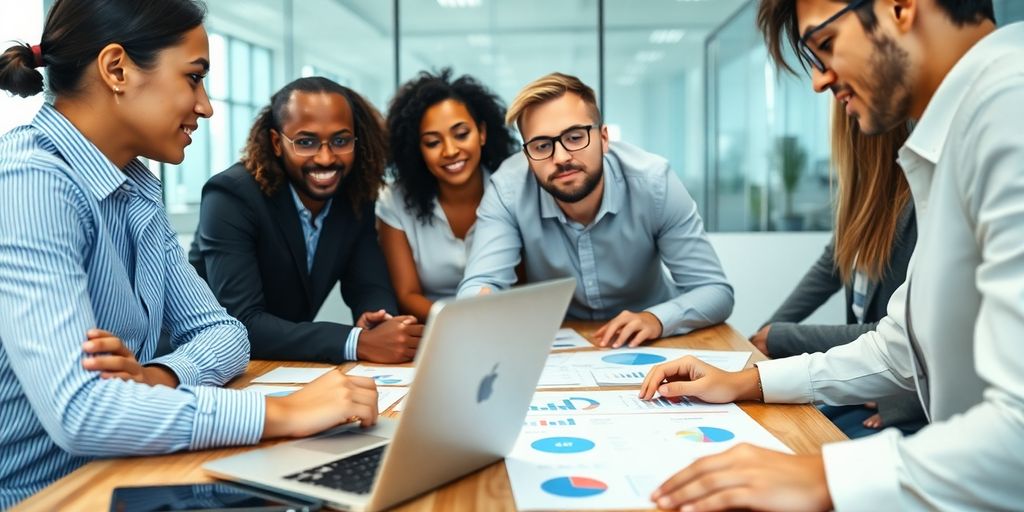 Diverse team collaborating in a modern office setting.