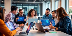 Diverse team collaborating in a modern office with technology.