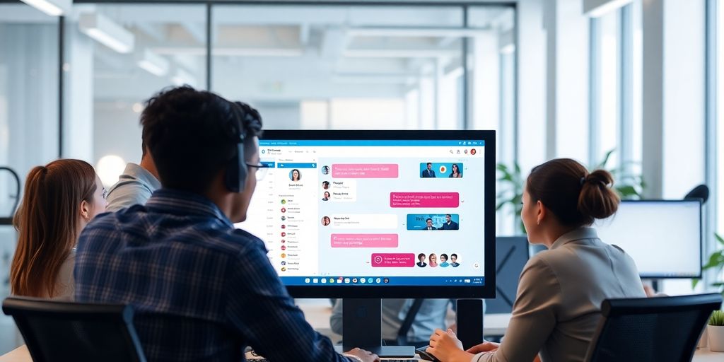 Team collaborating with technology in a modern office.