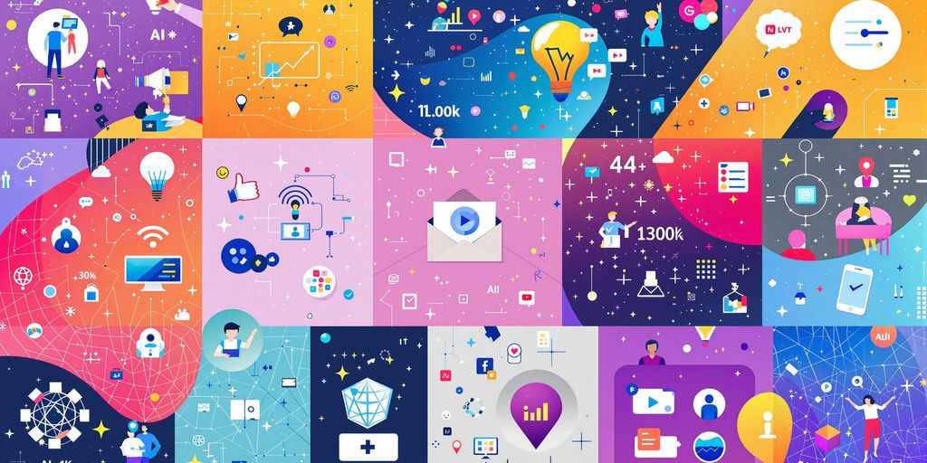 Collage of AI icons and marketing symbols for innovation.