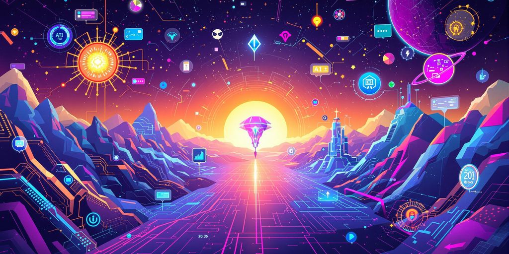 Futuristic landscape with AI elements and vibrant colors.