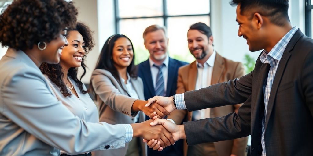 Business professionals shaking hands to build trust.